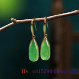 Vintage Natural Green Jade Water Drop Earrings 925 Silver Chinese Amulet Gift