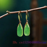 Vintage Natural Green Jade Water Drop Earrings 925 Silver Chinese Amulet Gift