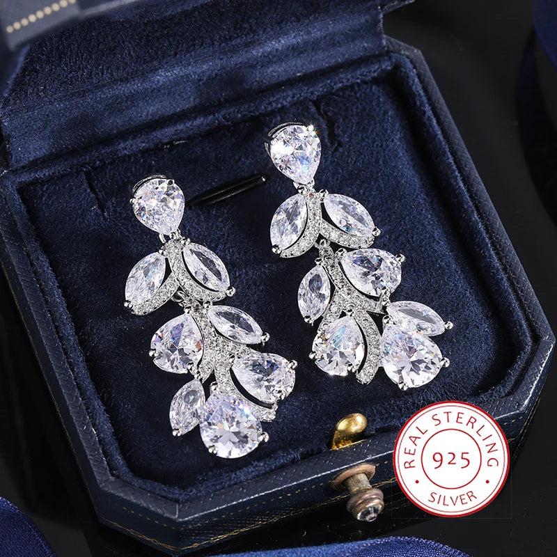 Ladies 925 Silver Drop Earrings with Zircon Bridal Wedding Jewelry