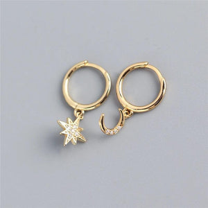 925 Silver Star Moon Zircon Drop Earrings Women's Party Jewelry