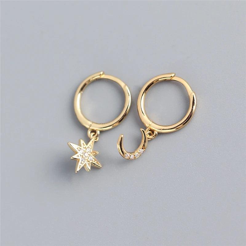 925 Silver Star Moon Zircon Drop Earrings Women's Party Jewelry