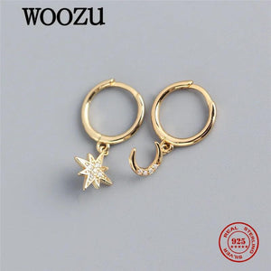 925 Silver Star Moon Zircon Drop Earrings Women's Party Jewelry
