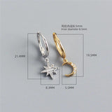 925 Silver Star Moon Zircon Drop Earrings Women's Party Jewelry