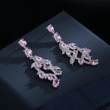 925 Silver Pink Zircon Leaf Earrings Women's Jewelry Gift
