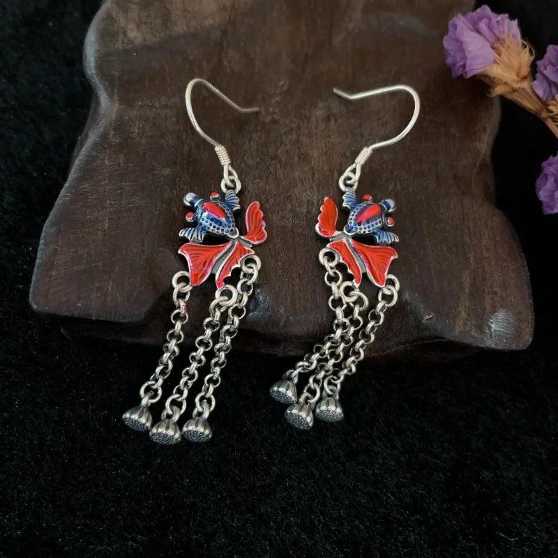 Vintage Silver Enamel Red Golden Fish Earrings for Women