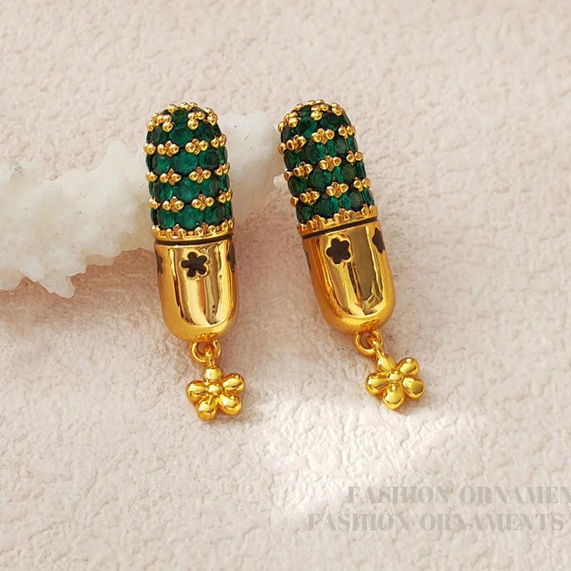 925 Silver Green Glass Earrings for Women Vintage Style