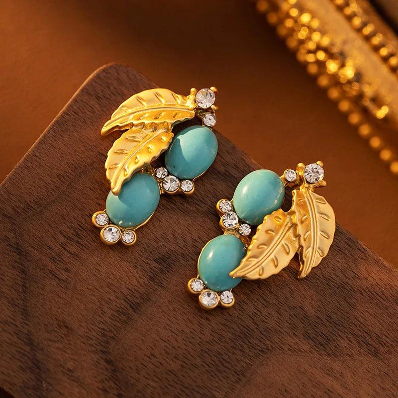 Metal Leaf Green Stone Dangle Earrings 925 Silver
