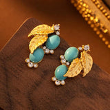 Metal Leaf Green Stone Dangle Earrings 925 Silver