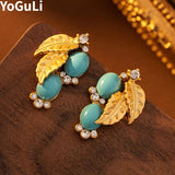 Metal Leaf Green Stone Dangle Earrings 925 Silver