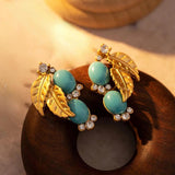 Metal Leaf Green Stone Dangle Earrings 925 Silver