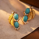 Metal Leaf Green Stone Dangle Earrings 925 Silver