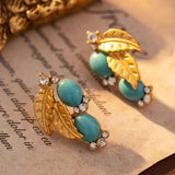 Metal Leaf Green Stone Dangle Earrings 925 Silver