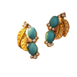 Metal Leaf Green Stone Dangle Earrings 925 Silver
