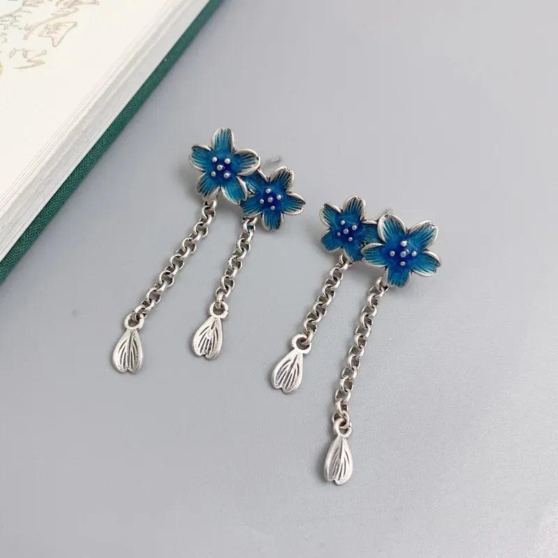 Vintage 925 Silver Enamel Flower Tassel Earrings for Women
