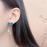 Vintage 925 Silver Enamel Flower Tassel Earrings for Women