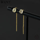 925 Silver Plated 18k Rose Flower Ear Thread Drop Earrings