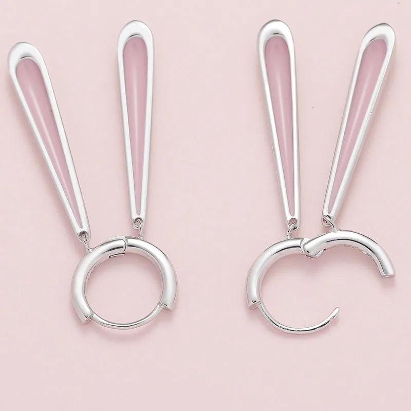 925 Silver Pink Rabbit Ears Dangle Earrings Girls Party Jewelry
