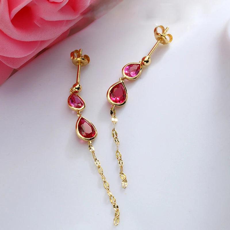 S925 Sterling Silver Long Tassel Earrings with Ruby Inlay