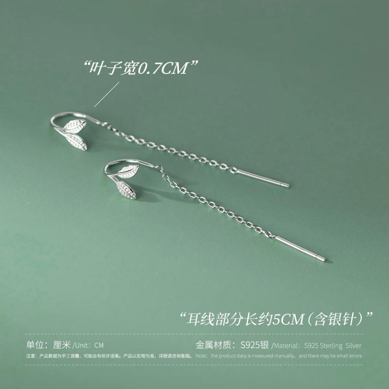 925 Sterling Silver Leaf Ear Line Small Women Long Chain Thin Earring