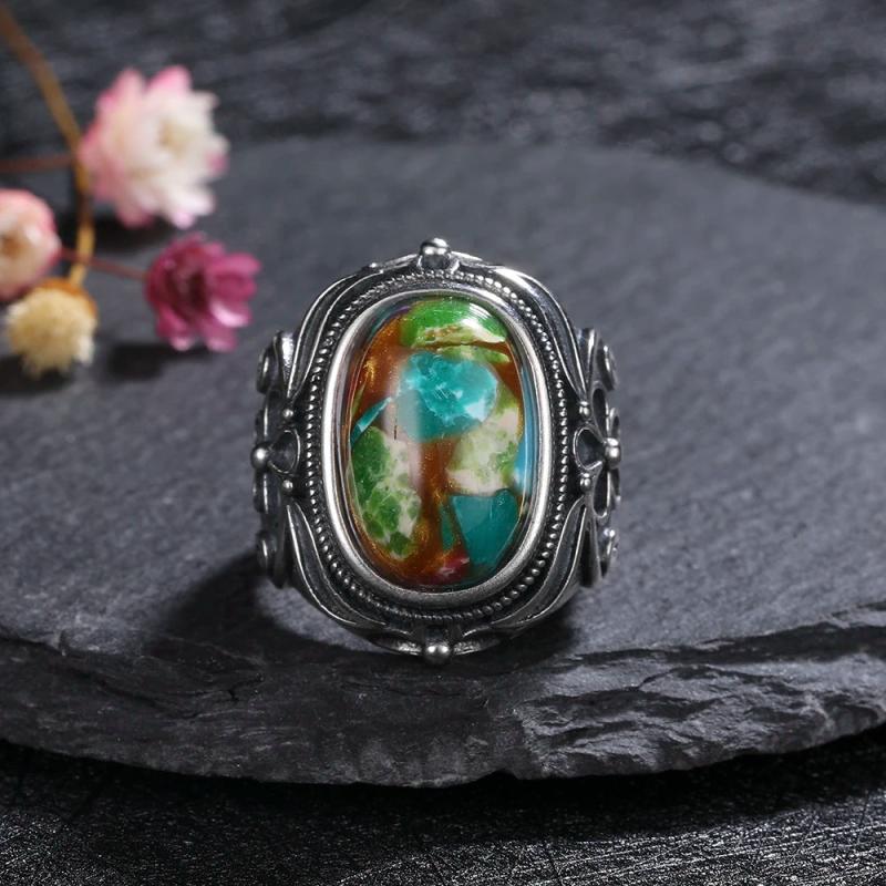 925 Silver Vintage Natural Emperor Stone Ring Retro Hollow Fine Jewelry