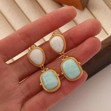 Vintage Stone Earrings 925 Silver Needle Copper Green Drop Earring