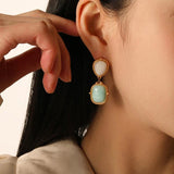 Vintage Stone Earrings 925 Silver Needle Copper Green Drop Earring