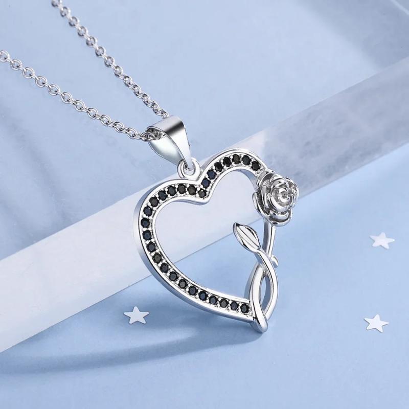 Sterling Silver Heart Rose Zirconia Pendant Necklace 40cm +5.0cm