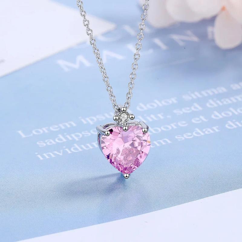 925 Silver Diamond Pink Heart Pendant Necklace 40cm+5cm