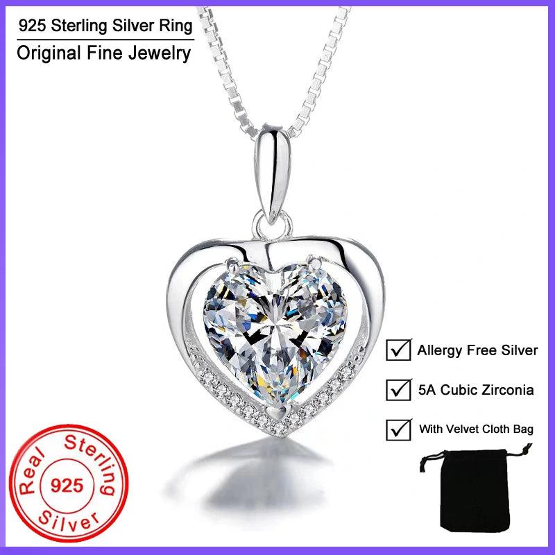 925 Silver Pink Heart Crystal CZ Pendant Necklace Romantic Wedding Jewelry
