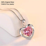 925 Silver Pink Heart Crystal CZ Pendant Necklace Romantic Wedding Jewelry