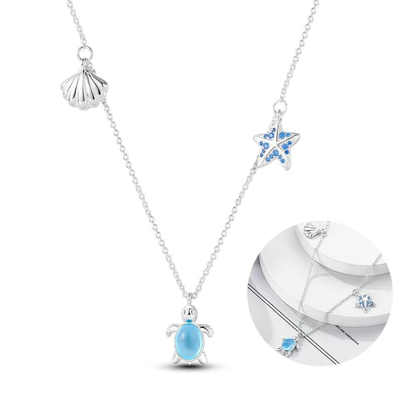 925 Silver Summer SeaTurtle Starfish Necklace Women Pendant Gift