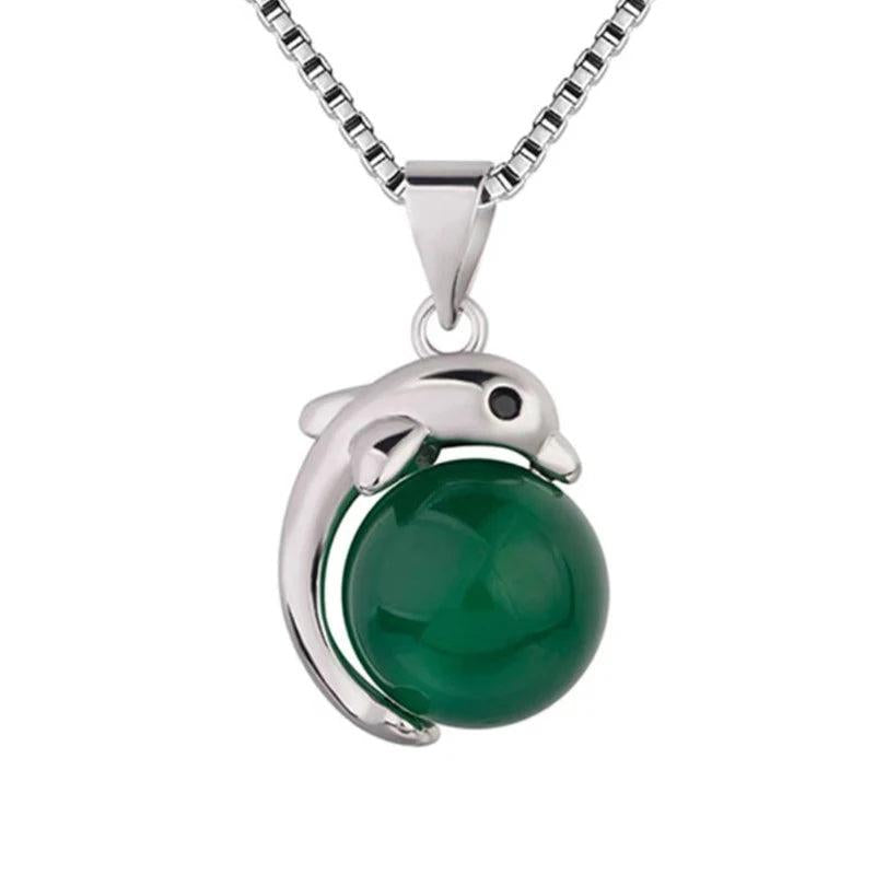 925 Silver Dolphin Emerald Pendant Necklace Women Gift Jewelry