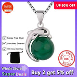 925 Silver Dolphin Emerald Pendant Necklace Women Gift Jewelry