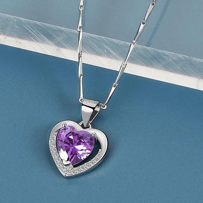925 Silver Heart Pendant Necklace with Zircon Gemstone for Women