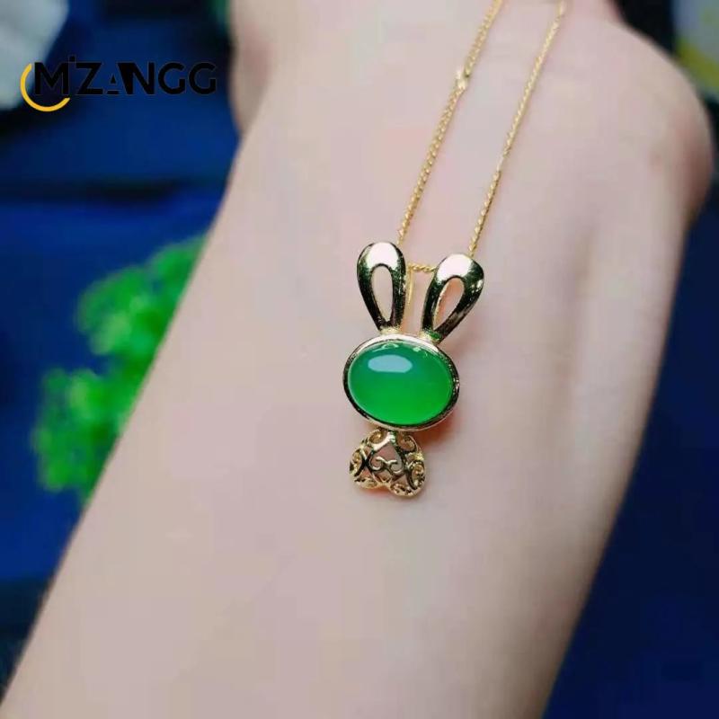 925 Silver Green Agate Rabbit Pendant Ice Green Chalcedony Bunny Necklace