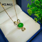 925 Silver Green Agate Rabbit Pendant Ice Green Chalcedony Bunny Necklace