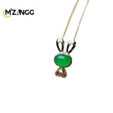 925 Silver Green Agate Rabbit Pendant Ice Green Chalcedony Bunny Necklace