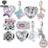 925 Silver Heart Pink Ribbon Charm Bead Unicorn Pendant