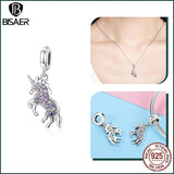 925 Silver Heart Pink Ribbon Charm Bead Unicorn Pendant