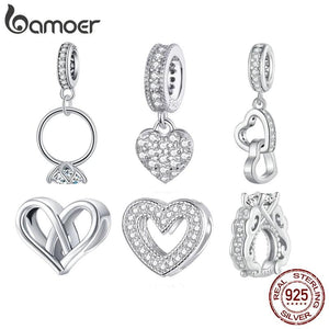 925 Silver Wedding Ring Septal Bead Heart Charms Bracelet DIY