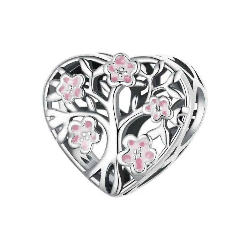 925 Silver Pink Flower Spacer Beads Tree of Life Charms Bracelet Making