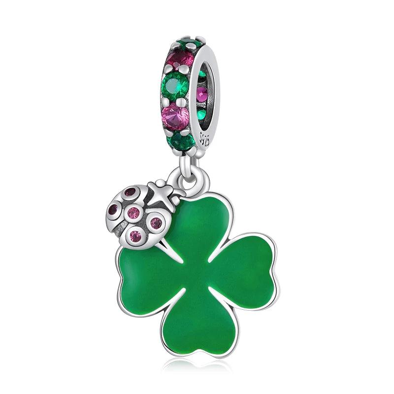 925 Silver Four Leaf Clover Green CZ Pendant Safety Chain for DIY Bracelet