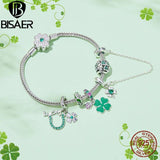 925 Silver Four Leaf Clover Green CZ Pendant Safety Chain for DIY Bracelet