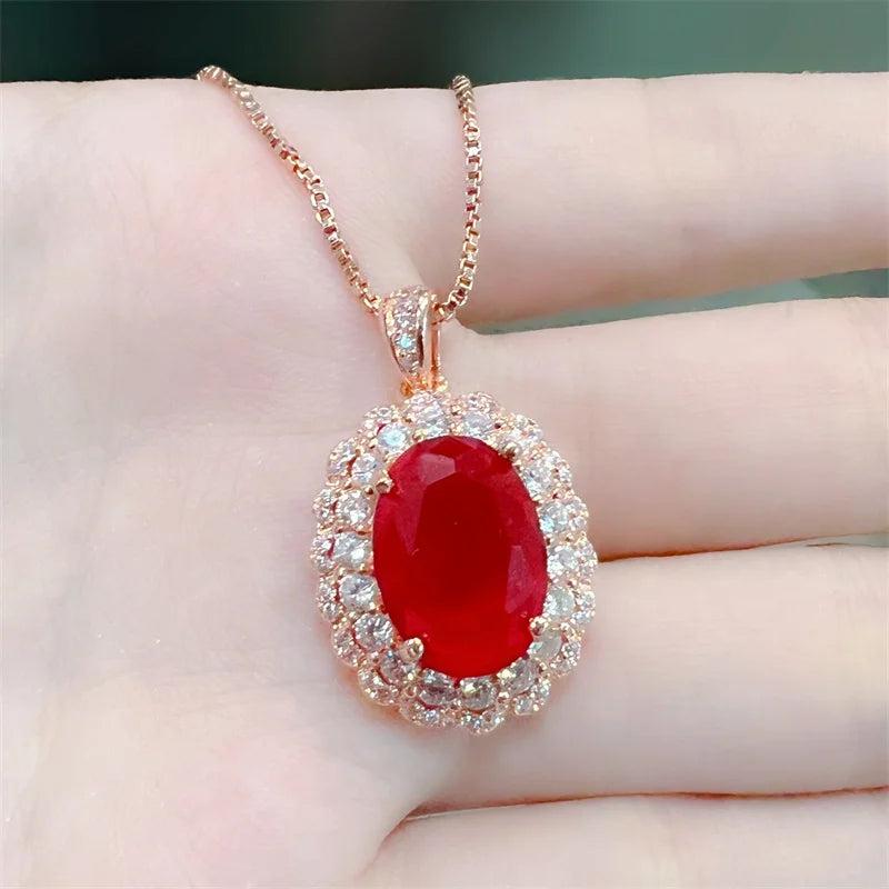 Crystal Red Egg Stone Pendant Necklace with Silver 925 Sterling Chain
