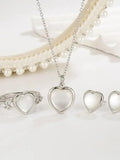 925 Silver Love Shape Necklace Ring Ear Stud Set Women Charming Gift