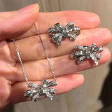 Bowknot Zircon 2-Piece Jewelry Set 925 Silver Necklace Earrings