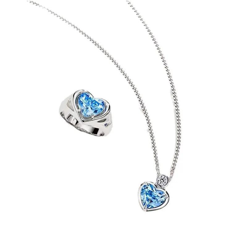 925 Silver Heart Necklace Ring Zircon Jewelry Set For Women
