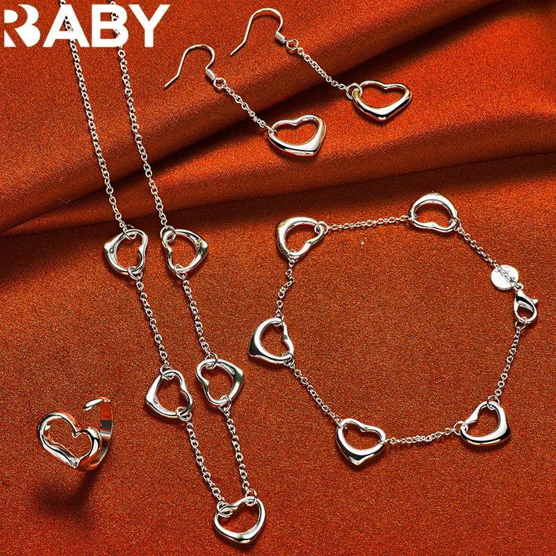 925 Silver 5 Heart Chain Jewelry Set Wedding Romantic Accessories