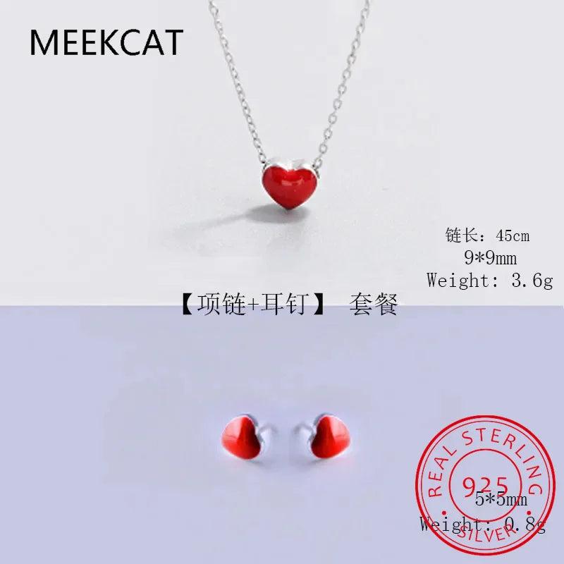 925 Silver Heart Necklace & Earring Set Red Enamel Romantic Jewelry for Women