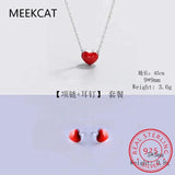 925 Silver Heart Necklace & Earring Set Red Enamel Romantic Jewelry for Women